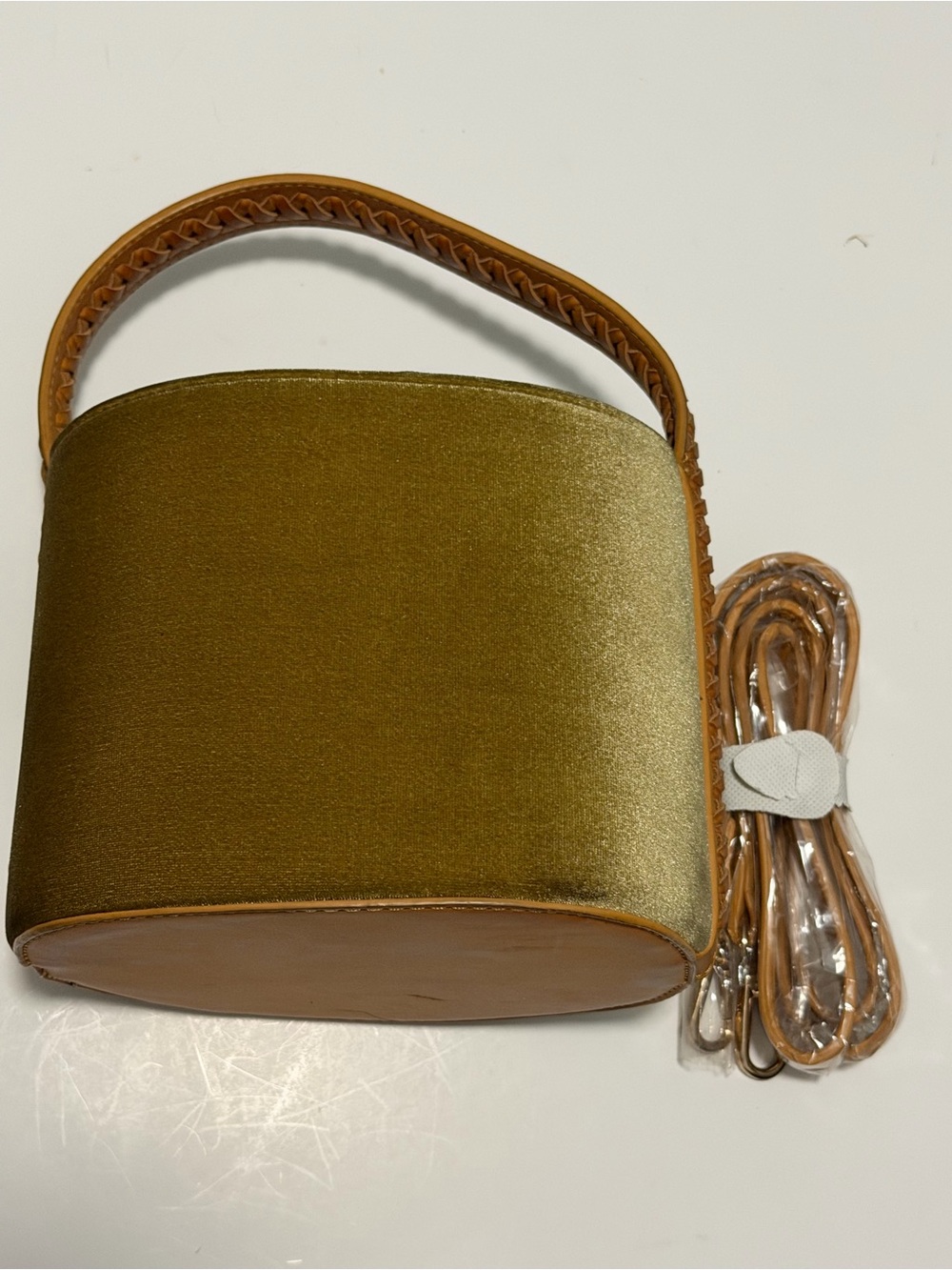 Free People Olive Green Velvet Mini Top-Handle Bag with Tan Trim